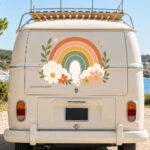 Sticker arc-en-ciel bohème avec fleurs et étoiles pour décoration de véhicule