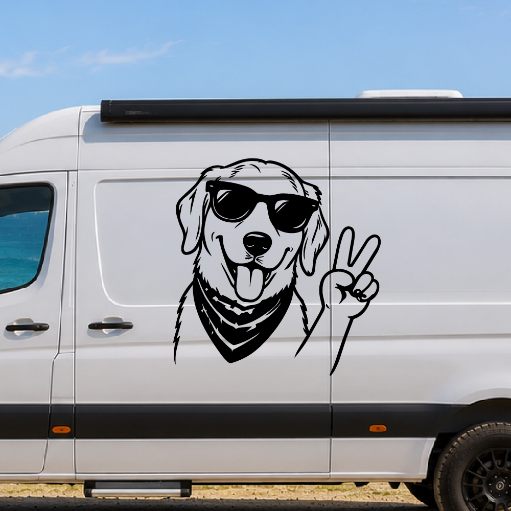 Sticker Chien Humour Sticker chien souriant avec lunettes et foulard faisant un signe de paix