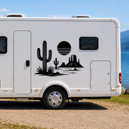 Sticker désert américain avec cactus, formation rocheuse et soleil stylisé pour véhicule de loisirs