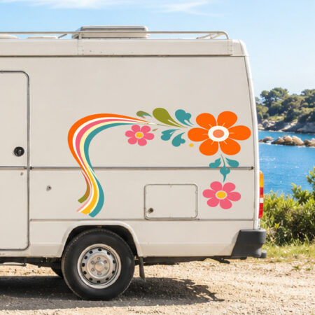 Sticker floral stylisé avec trois grandes fleurs et courbes dynamiques en style rétro
