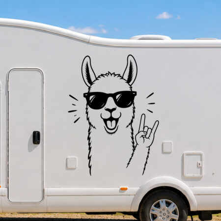 Sticker décoratif d'un lama souriant portant des lunettes de soleil et faisant un signe rock de la main