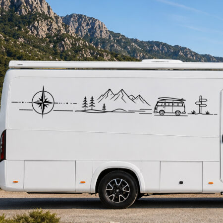 Sticker ligne graphique avec boussole, montagnes, arbres, van vintage et panneau directionnel