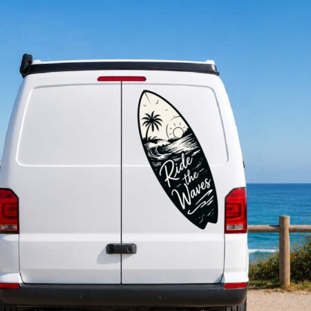 Sticker planche de surf avec vagues, palmier, soleil, oiseaux et texte Ride the Waves