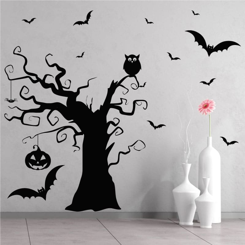 arbre halloween1 Sticker mural arbre tortueux avec chauves-souris, chouette, citrouille et araignée Halloween