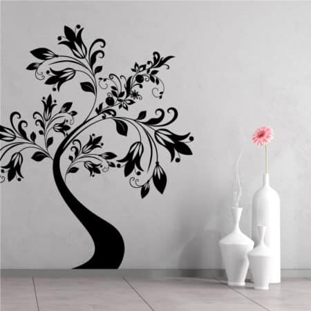 Sticker mural arbre stylisé aux arabesques et feuilles décoratives
