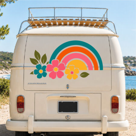 Sticker arc en ciel stylisé avec trois grandes fleurs et feuilles décoratives