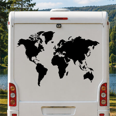 Sticker carte du monde avec les continents stylisés en adhésif sur la porte arrière d'un véhicule