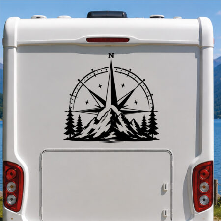 Sticker représentant une montagne avec une rose des vents et des arbres autour