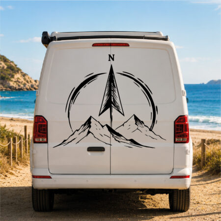 Sticker boussole et montagnes au style graphique avec lignes nettes et formes angulaires