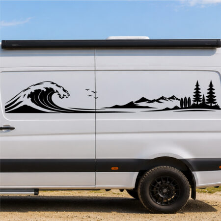 Sticker paysage bord de mer avec vague, oiseaux, montagnes, arbres et planches de surf sur véhicule