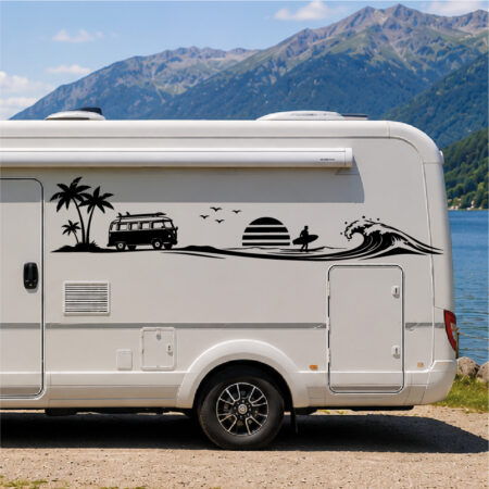 Sticker van vintage avec palmiers, surfeur, vague et soleil couchant en style graphique