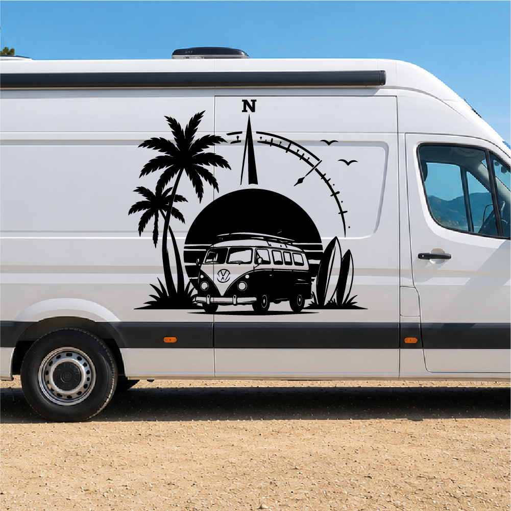 Sticker Van Life Vintage Sticker représentant un van vintage avec palmiers, planches de surf, soleil couchant et boussole sur un véhicule