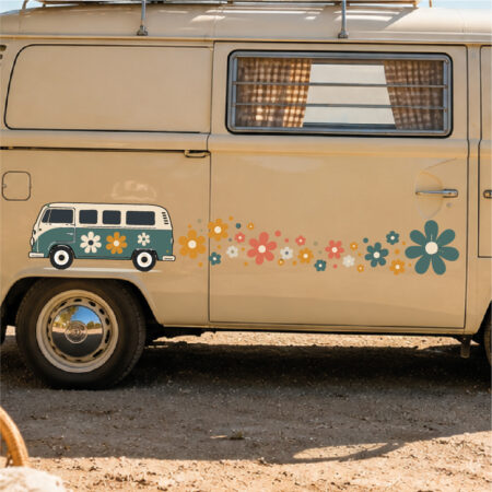 Sticker van vintage accompagné d'une traînée de fleurs stylisées en cascade