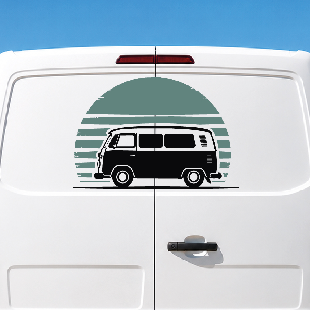 Sticker Van Vintage Coucher de Soleil Sticker van vintage devant un cercle stylisé représentant un coucher de soleil avec des bandes horizontales