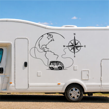 Sticker van vintage avec carte du monde stylisée et rose des vents sur un véhicule